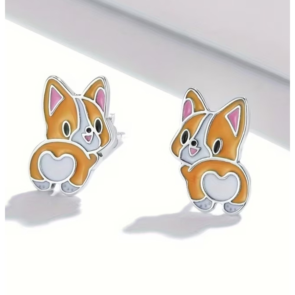 Corgi Dog Enamel Stud Earrings Orange White Heart Sploot Pet Jewelry